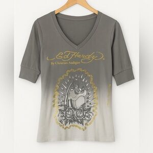 Ed Hardy Charcoal and Gold Graphic Tee M/L fit